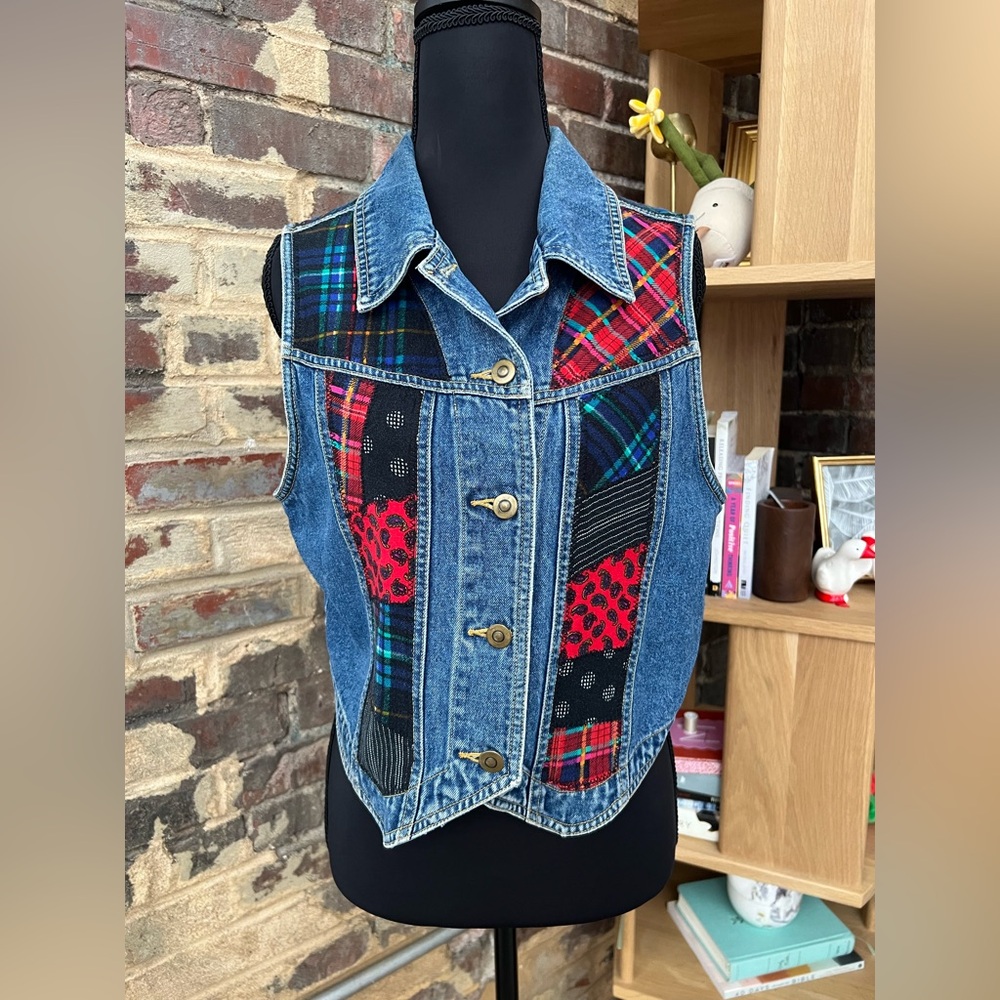 Carole Little Sport Petites Denim Vest with Plaid Patchwork Women M 100% Cotton